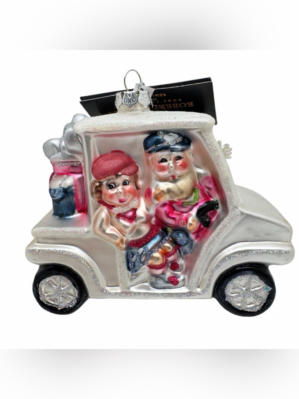 ROBERT STANLEY GLASS ORNAMENT ~ MR & MRS CLAUS ON GOLF CART w/ CLUBS ~ 2…